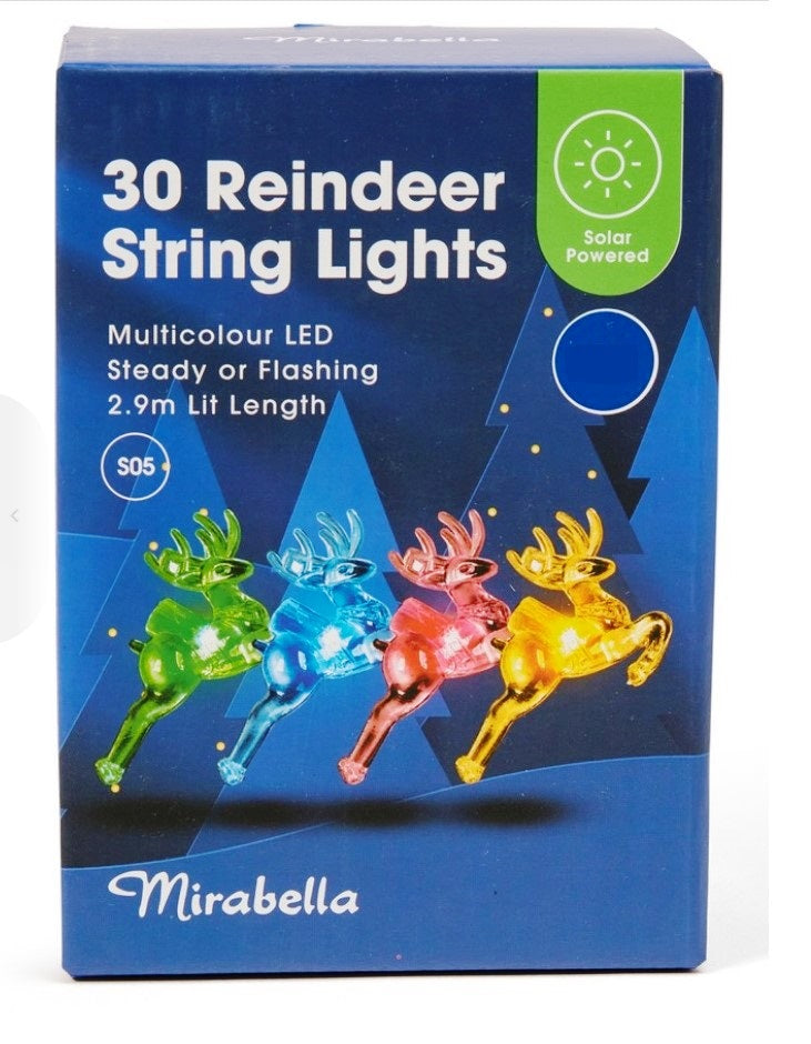 Mirabella Christmas Solar Powered 30 LED Reindeer String Lights - Multicolour