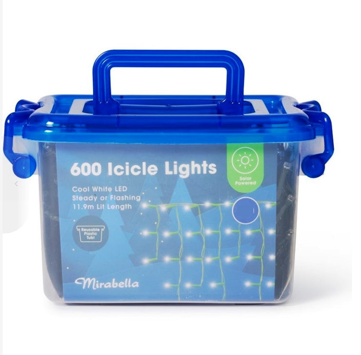 Mirabella Christmas 11.9m Solar Powered 600 LED Icicle Lights - Cool White