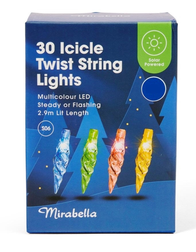 Mirabella Christmas Solar Powered 30 LED Icicle Twists String Lights - Multicolour