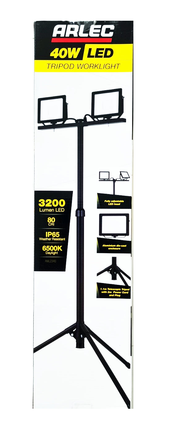 Arlec 40W LED 3200 Lumen 6500K IP65 Dual Head 110 Beam Angle Tripod Worklight
