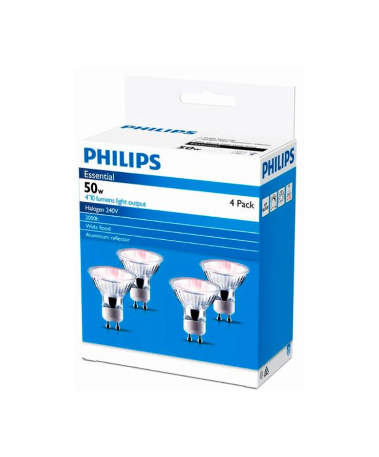 Philips 50W GU10 60 Degree 470 Lumens Clear Halogen Globes - 4 Pack