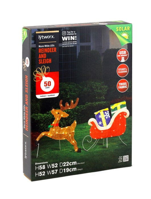 Lytworx Solar & USB Warm White 50LED Reindeer and Sleigh