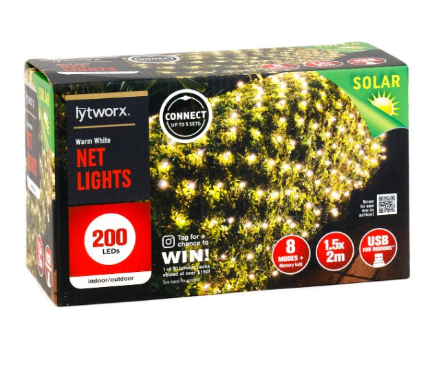 Lytworx 200 LED Warm White Solar Net Lights - 200 Pack/Size: 1.5m (H) x 2m (W)
