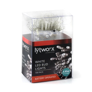 Lytworx 4.95m White Battery Operated LED Bud Lights - 100 Pack