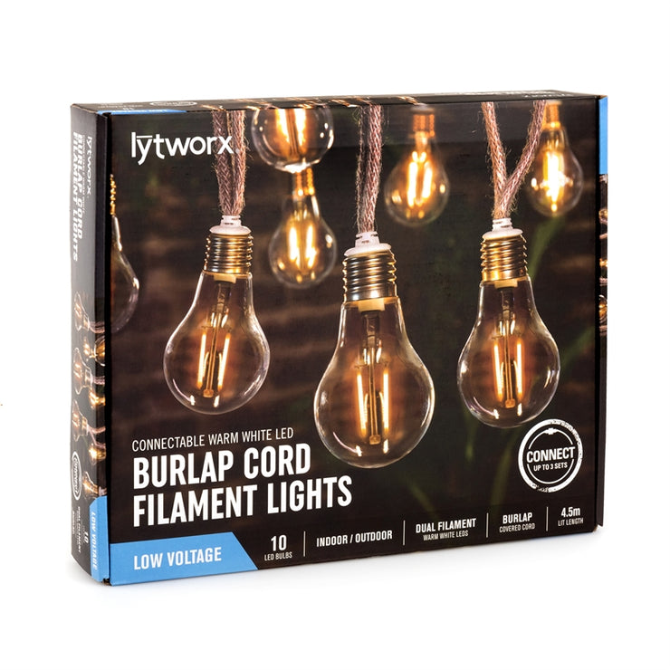 Lytworx Warm White Burlap Cord Filament Connectable Party Lights - 10 Pack