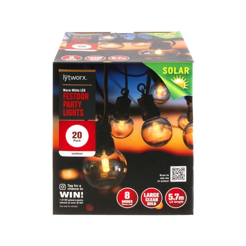 Lytworx Warm White Solar Festoon Party Lights - 20 Pack