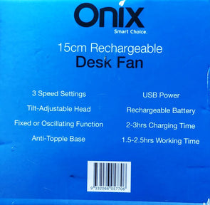 Onix Smart Choice 15cm Rechargeable Desk Fan
