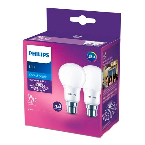 Philips 8W 770lm A60 Cool Daylight A Shape LED B22 Globe - 2 Pack