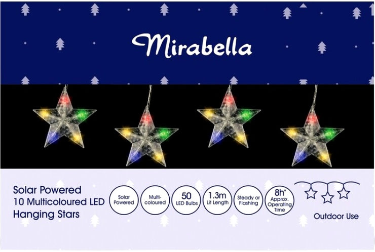 Mirabella Christmas Solar Powered 10 LED Hanging Star Lights - Multi-Colour