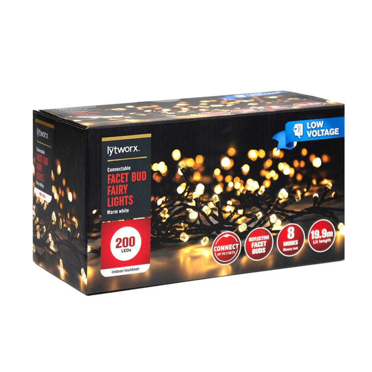 Lytworx 19.9m 200 Warm White Connectable Facet Bud LED Fairy Lights