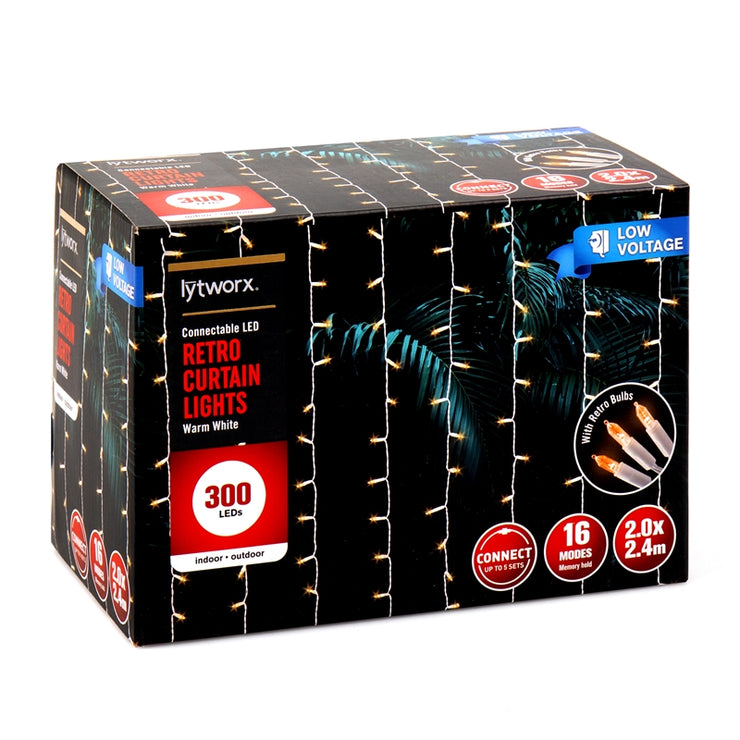 Lytworx 2.0m x 2.4m Warm White 300 Connectable LED Retro Curtain Lights