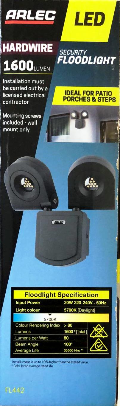 Arlec 20W LED Twin Head Security Flood Light/ Adjustable Lamp Heads - TheITmart