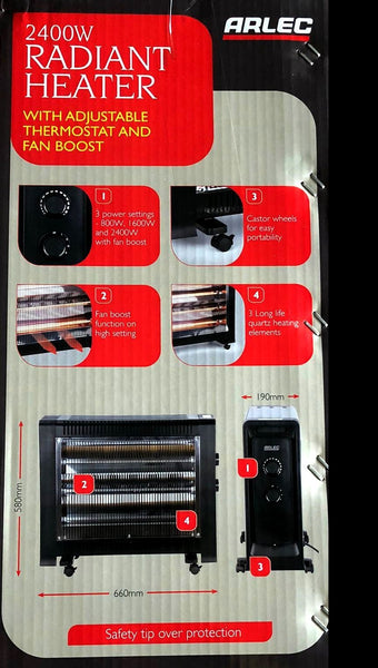 Arlec 2400W Radiant Heater With Adjustable Thermostat And Fan Boost 3 settings - TheITmart