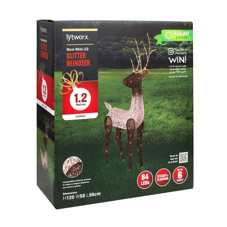 Lytworx 1.2m Warm White 84 LED Solar Glitter Reindeer