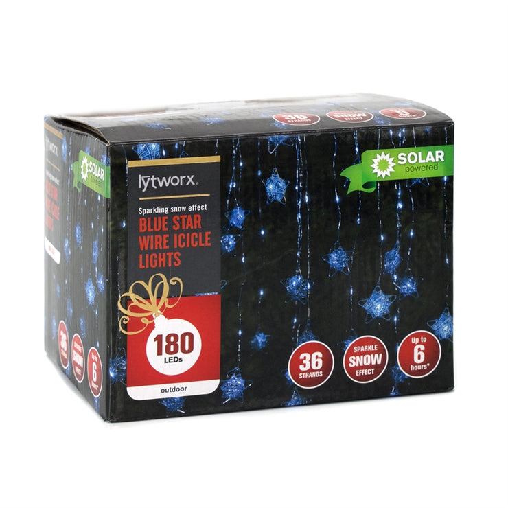 Lytworx 180 LED Blue Star Wire Icicle Curtain Solar Lights