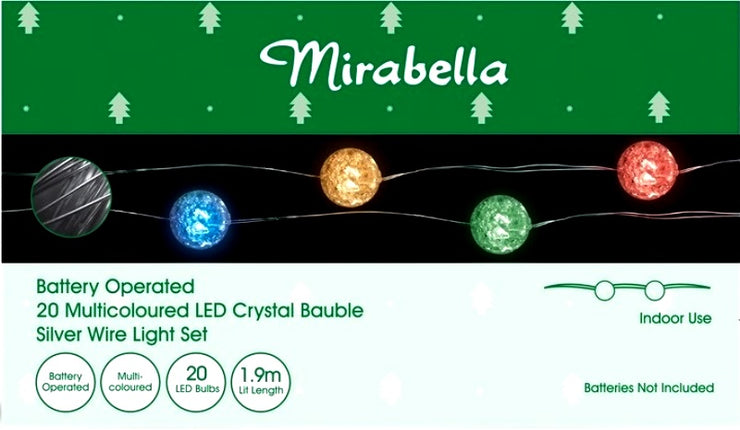 Mirabella Christmas Battery Operated 20 LED Crystal Bauble Wire Light Set - Multi-Colour