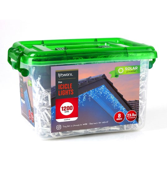 Lytworx 1200 LED Solar Icicle Lights - Blue /8 Functions with Mem Hold