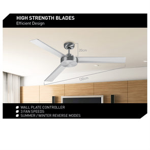Arlec 130cm Denver ABS 3 Blade Ceiling Fan With Silver Finish Blades