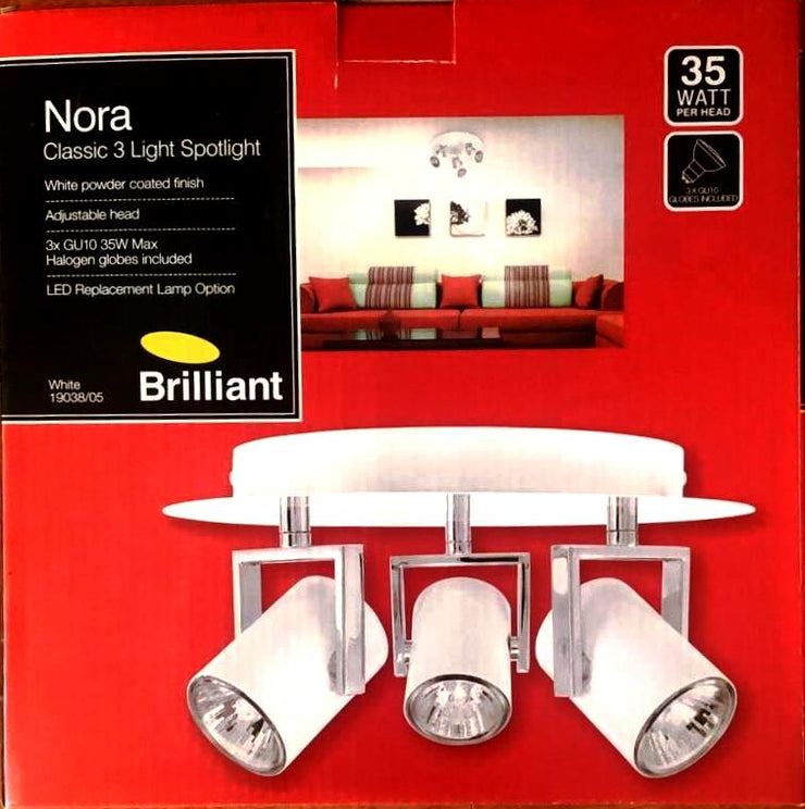 Brilliant White Nora Classic 3 Light Spotlight / 3 x GU10 35W Max Halogen Globes Included