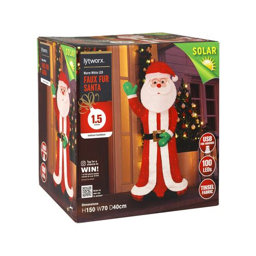 Lytworx 1.5m Solar USB Faux Fur Santa / 100 Warm White LEDs