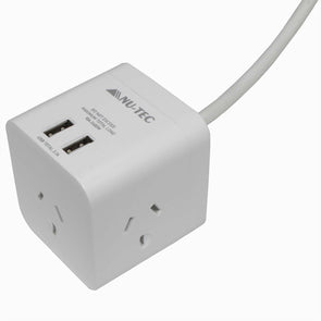 Nu-Tec Compact Powercube/Powerboard/ 3 outlets/ 2USB ports/2400W/10A 1m - TheITmart