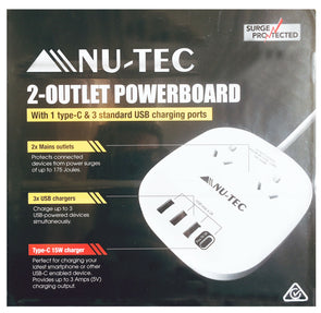NuTec Twin Outlet C-Port Powerboard 3 USB/Type-C Charging Ports 2 power Outlets - TheITmart