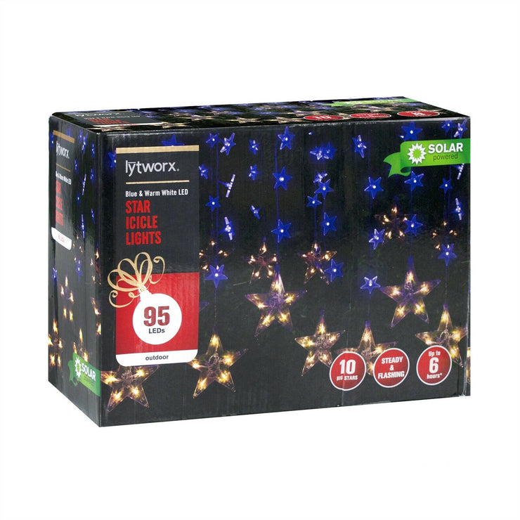 95 Blue / White LED Solar Star Icicle Lights Festive Decoration 1.9m Length Xmas - TheITmart