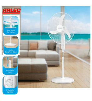 Arlec 50cm White Pedestal Fan/3 Speed/Wide Oscillating/High Velocity Blades - TheITmart
