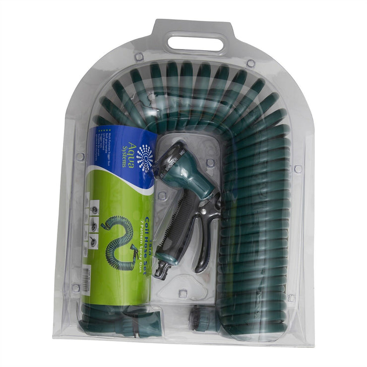 Aqua System 15m Coil Garden Hose With Spray Gun/7 patterns Spray/Trigger lock - TheITmart