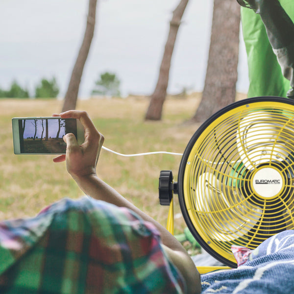 Euromatic 30cm Rechargeable Outdoor Fan/Tilt Head/Multi Fan Speed/USB Charger - TheITmart