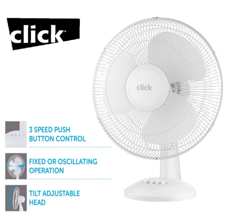 Click 40cm White Desk Fan/3 speed/oscillating/Adjustable head/Stable Base - TheITmart