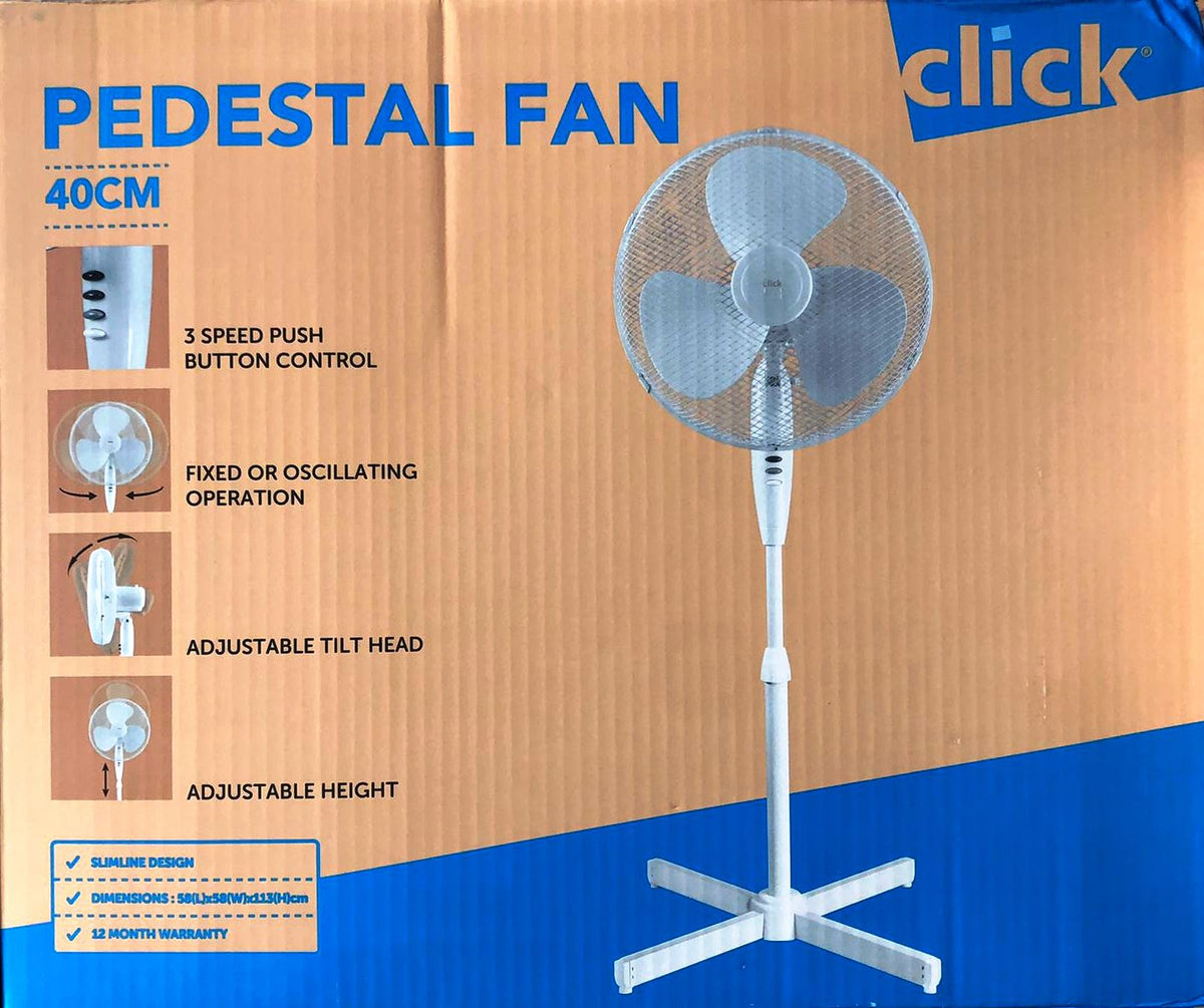 Click 40cm White Pedestal Fan/3 Speed/Oscillating/adjustable Height/Sa