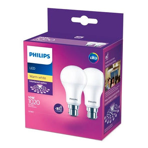 Philips 10W 1020lm A60 Warm White A Shape LED B22 Globe - 2 Pack