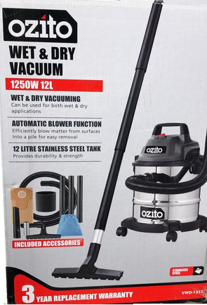 Ozito 1250W 12L Stainless Wet And Dry Vacuum - VWD-1212