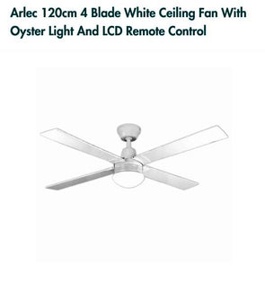 Arlec 120cm White 4 Blade Ceiling Fan With Oyster Light & LCD Remote Control