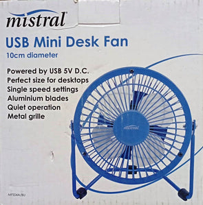Mistral 10cm Portable Mini USB Desk Fan with  Aluminum Blades - Blue