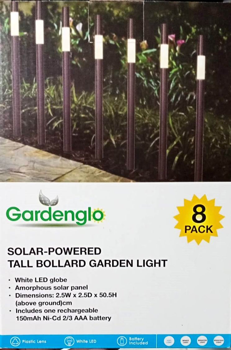 Gardenglo Solar Powered Tall Bollard Garden Light GSBN202101- 8 Pack