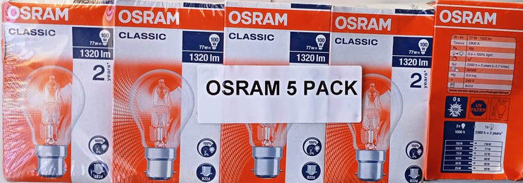 Osram 77W Halogen Clear Classic A Shape ES/E27 Globe/2000h/1320 Lumen 5 Pack