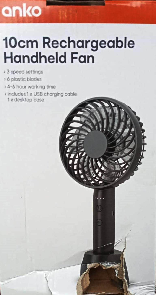 Anko 10cm Rechargeable Handheld Fan Black / 3 Speed Settings / 46 H