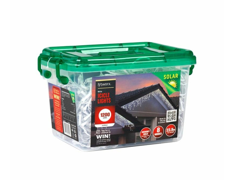 Lytworx 1200 LED Solar Icicle Lights - White /8 Functions with Mem Hold