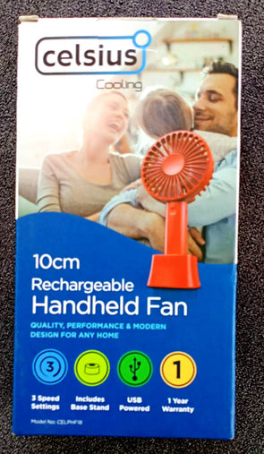 Celsius 10cm Rechargeable Handheld Fan - Red /3 Speeds Settings