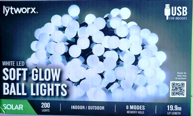 Lytworx 19.9m White LED Soft Glow Solar Ball Lights - 200 Pack