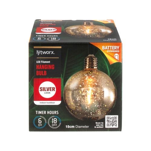 Lytworx 15cm Battery Operated Silver Look LED Filament Hanging Bulb