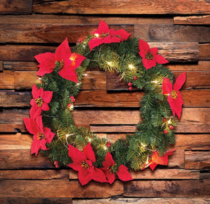 Lytworx 70cm Warm White Battery Operated Poinsetta Wreath/Indoor & Outdoor