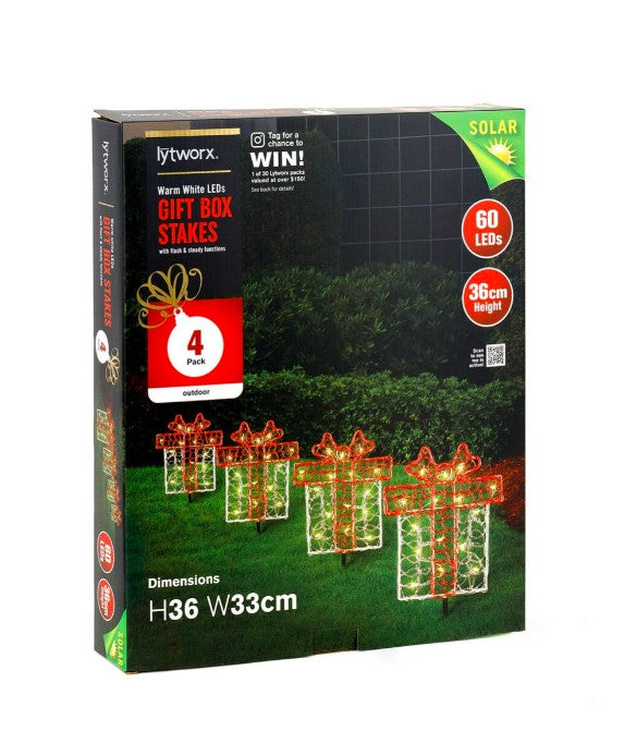 Lytworx 36cm Warm White 60LED Solar Gift Box Stake Lights - 4 Pack - TheITmart