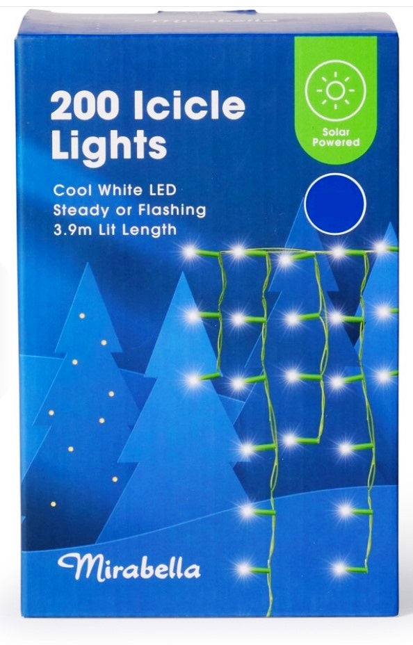 Mirabella Christmas Solar Powered LED 200 Icicle Lights - Cool White