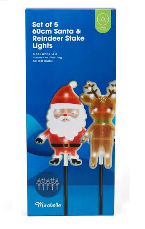 Mirabella Christmas Solar Powered LED Santa & Reindeer Stake Lights - Set of 5
