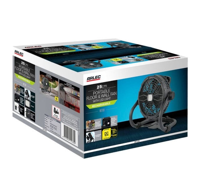 Arlec 25cm Viktor LED Rechargeable Fan - Black/Adjustable Tilt Head
