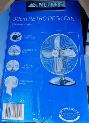 Nu-Tec 30cm Retro Desk Fan 3 speed Adjustable tilt Oscillating 4 Aluminium Blade - TheITmart