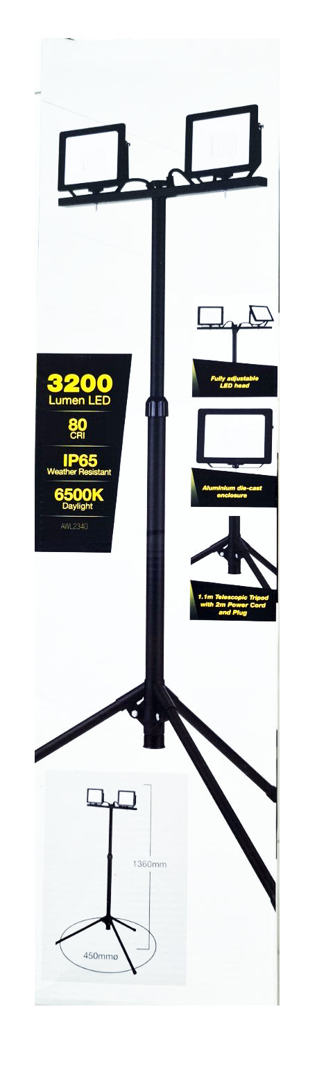 Arlec 40W LED 3200 Lumen 6500K IP65 Dual Head 110 Beam Angle Tripod Worklight